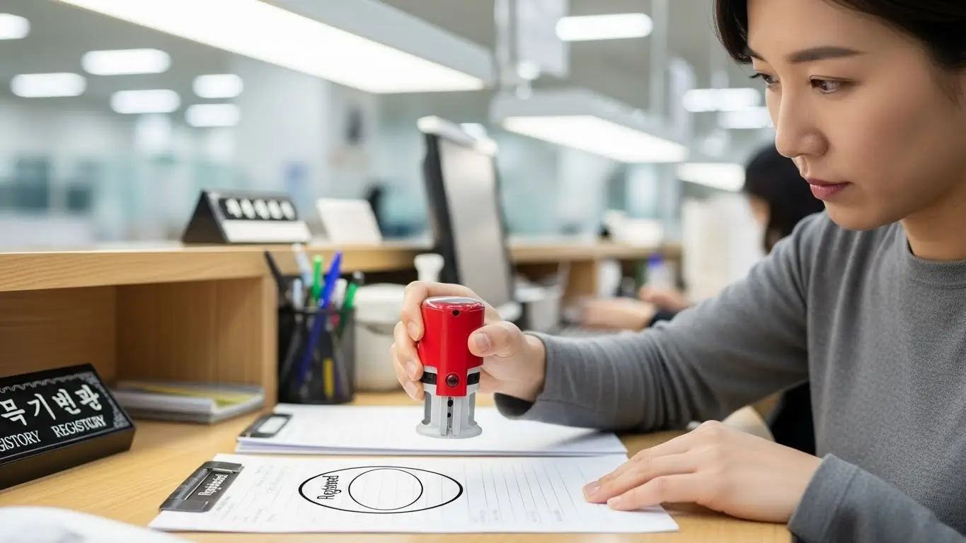 법원 등기소에서 임차권등기명령 신청서를 작성하고 등기부등본을 확인하는 세입자의 모습