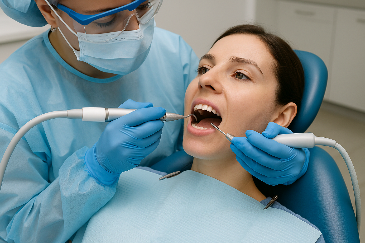 스케일링 치료를 받고 있는 여성의 모습