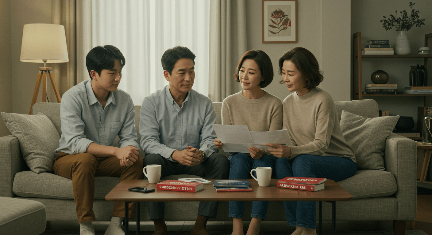 가족이 거실에서 OTT 혜택을 비교하며 합리적인 선택을 고민하는 장면 1