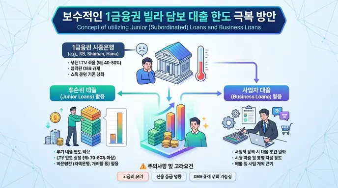 보수적인 1금융권 빌라 담보 대출 한도의 한계를 극복하기 위해 후순위 대출 및 사업자 대출을 활용하는 개념을 설명하는 인포그래픽