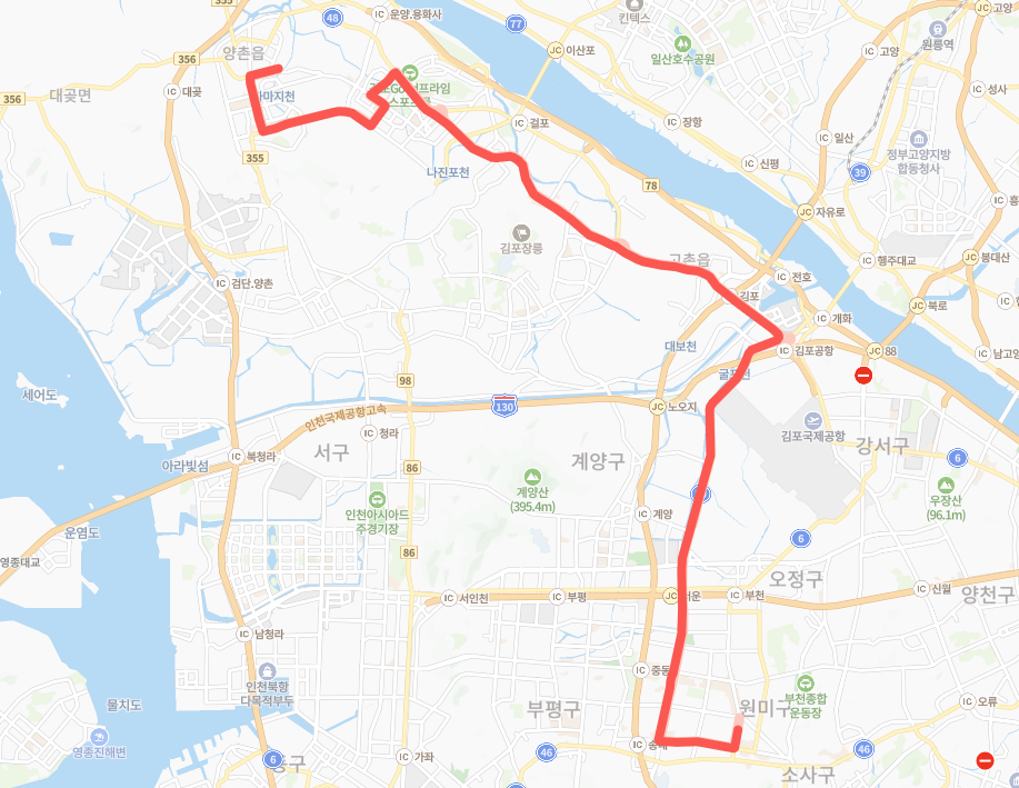 김포-부천-인천-9008번-버스-노선-지도