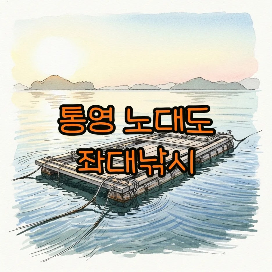 평화로운 통영 바다 위에 떠 있는 낚시 좌대 풍경