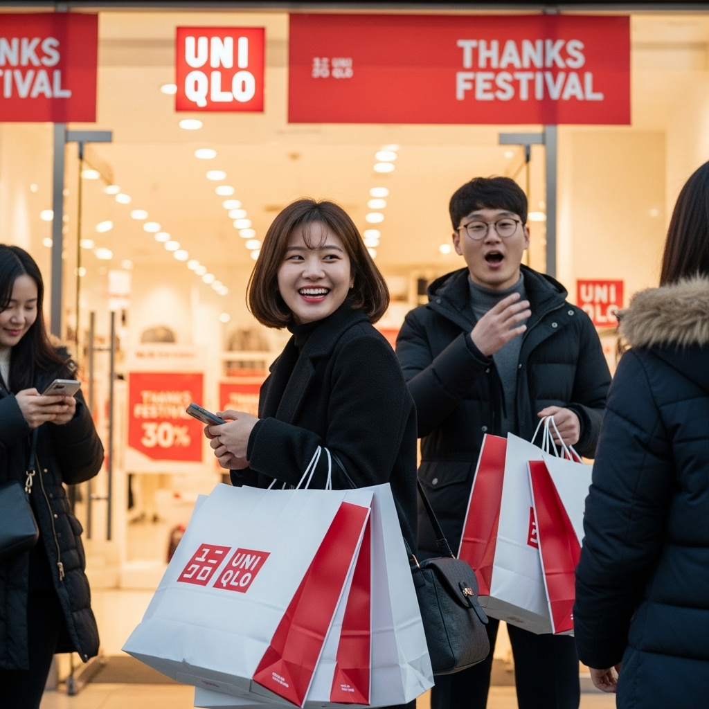 유니클로 감사제에서 성공적인 쇼핑으로 행복해 하는 사람들의 모습