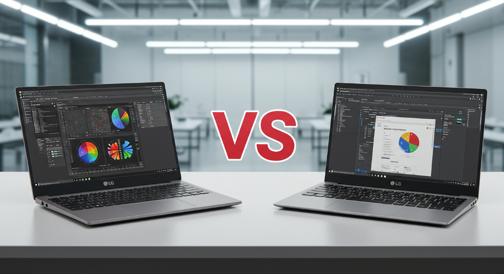 2025년형 17인치와 15.6인치 노트북이 나란히 놓여 크기, 휴대성, 성능 차이를 시각적으로 비교하는 모습.