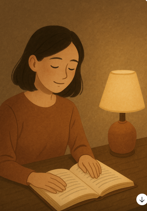 작은 조명 아래에서 위로의 문장을 읽는 사람 모습