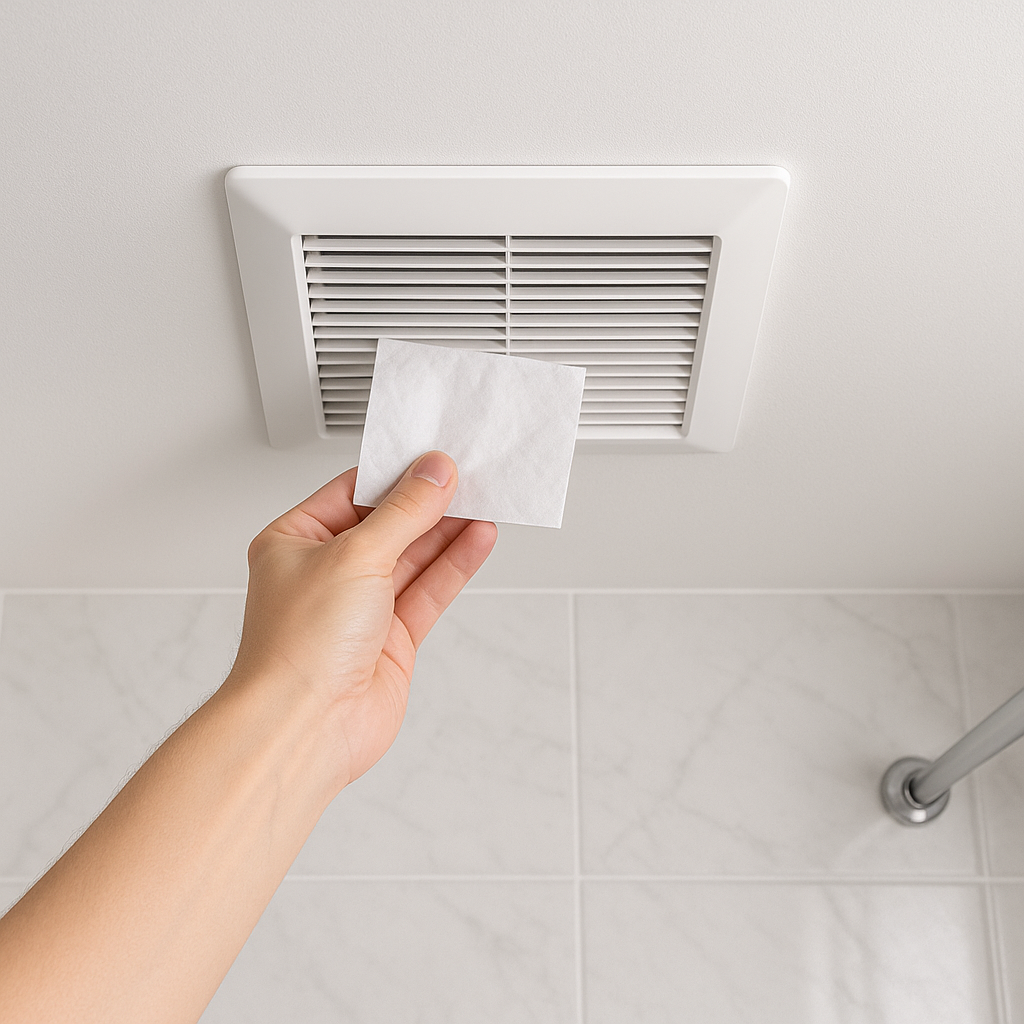 작동 중인 욕실 환풍기 그릴에 휴지를 대 흡입력을 확인하는 모습