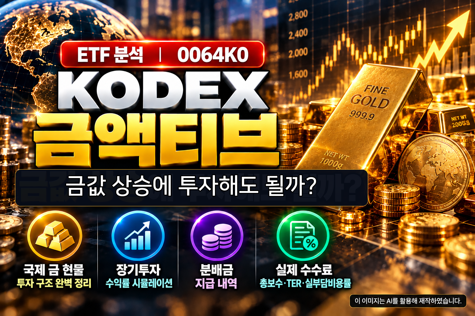 KODEX 금액티브 ETF(0064K0) 분석 대표 이미지. 금괴와 금화, 국제 금 시세 상승 차트를 배경으로 금값 상승에 투자해도 될까라는 주제와 금 현물 투자, 장기투자, 분배금, 실제 수수료 정보를 표현한 이미지.