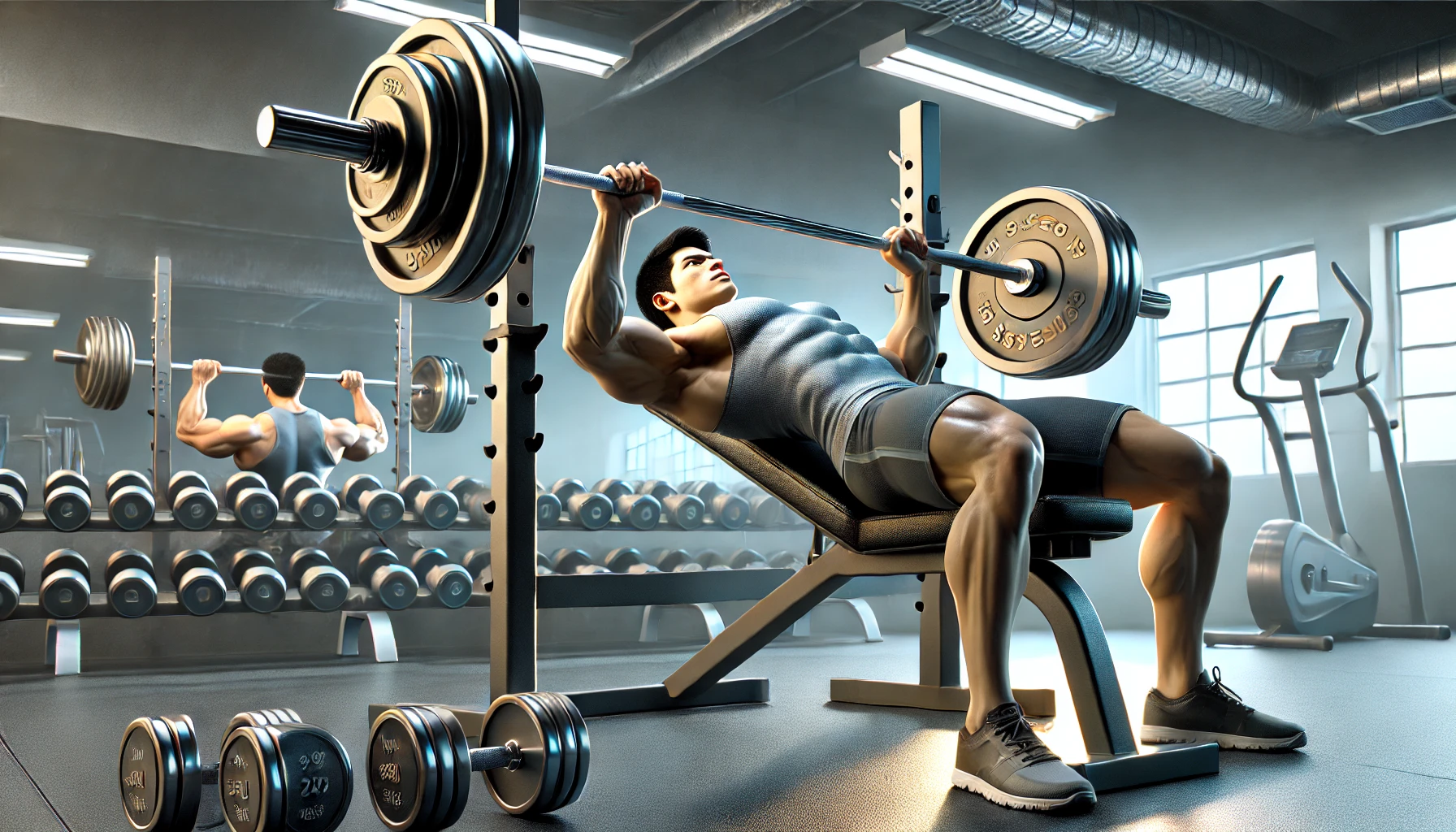 한국인 남성이 벤치프레스를 수행하는 모습, 피트니스 센터 환경, 근육질 체형, 역기 및 운동 기구 포함