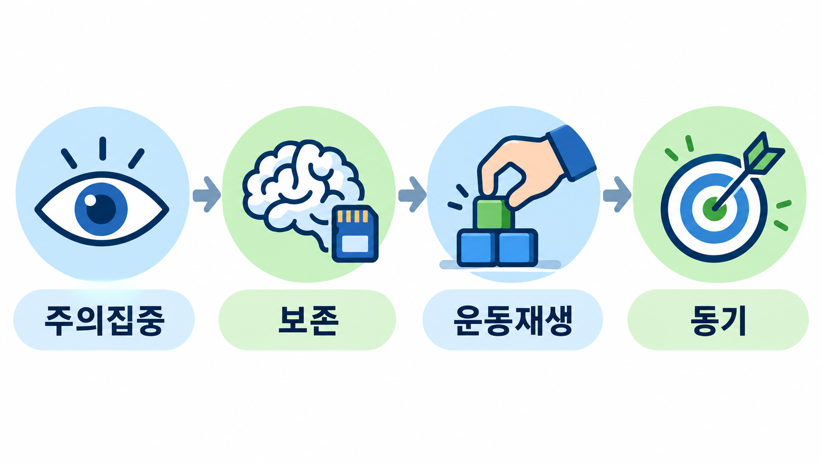 눈, 기억, 손동작, 과녁 아이콘으로 표현한 관찰학습 4단계 흐름도