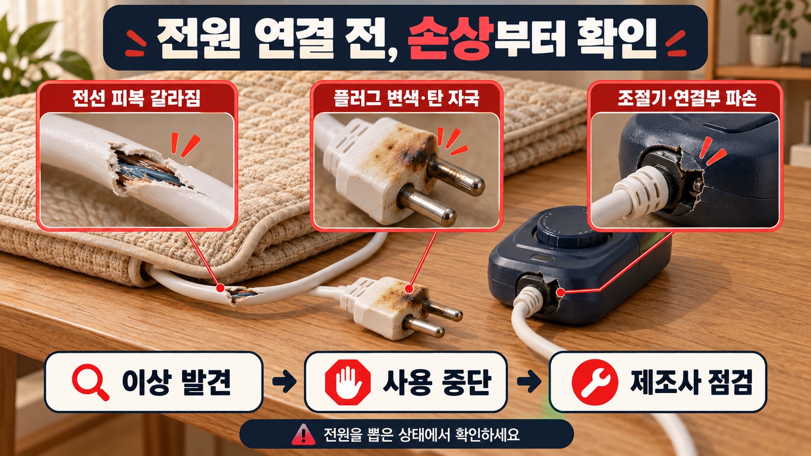 전선 피복 갈라짐과 플러그 탄 자국, 조절기 파손을 확대하고 사용 중단 후 제조사 점검 순서를 보여주는 인포그래픽