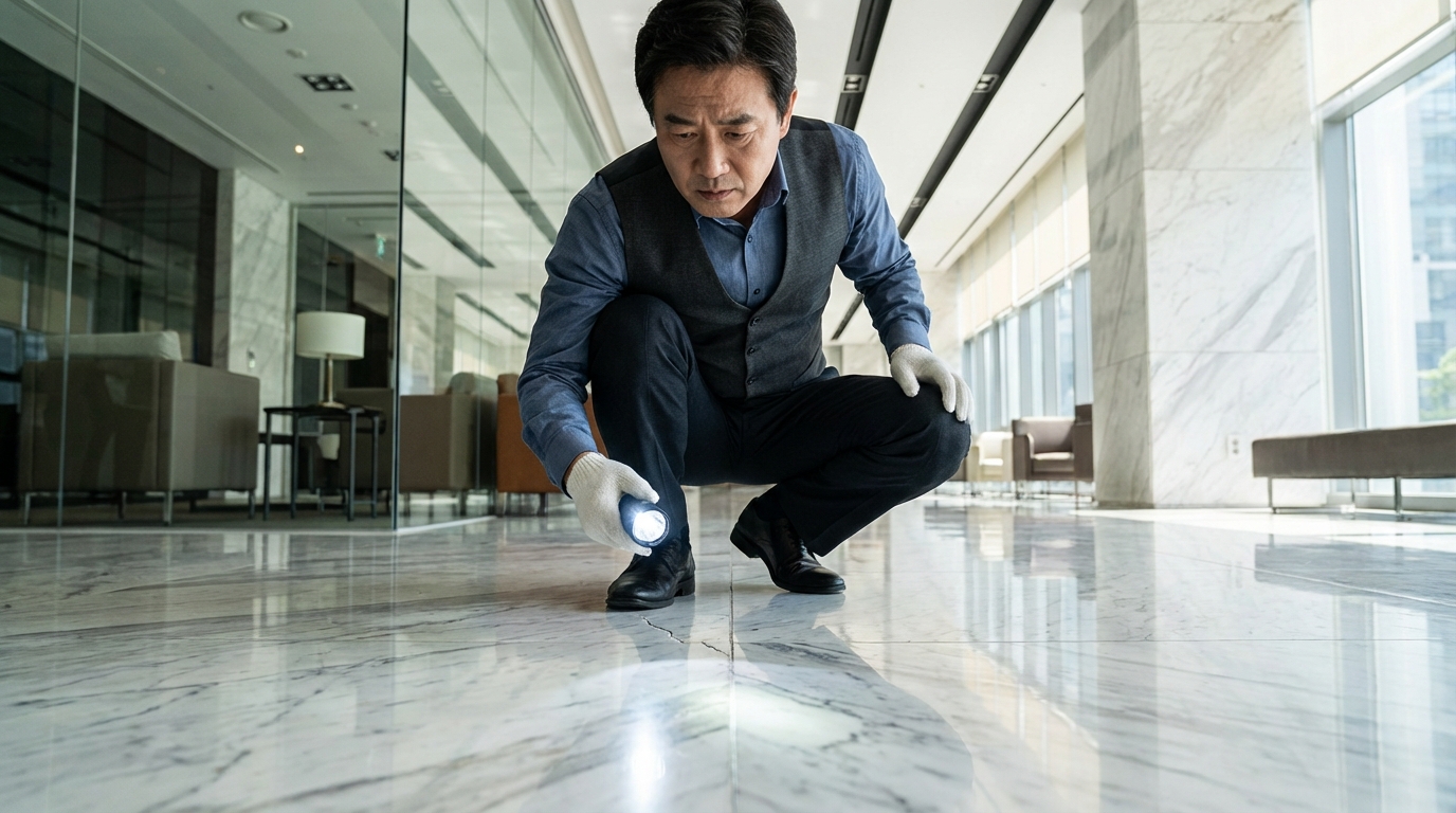 서울의 오피스 로비에서 전문 관리자가 손전등을 비추며 대리석 바닥의 미세 균열을 정밀 점검하는 모습