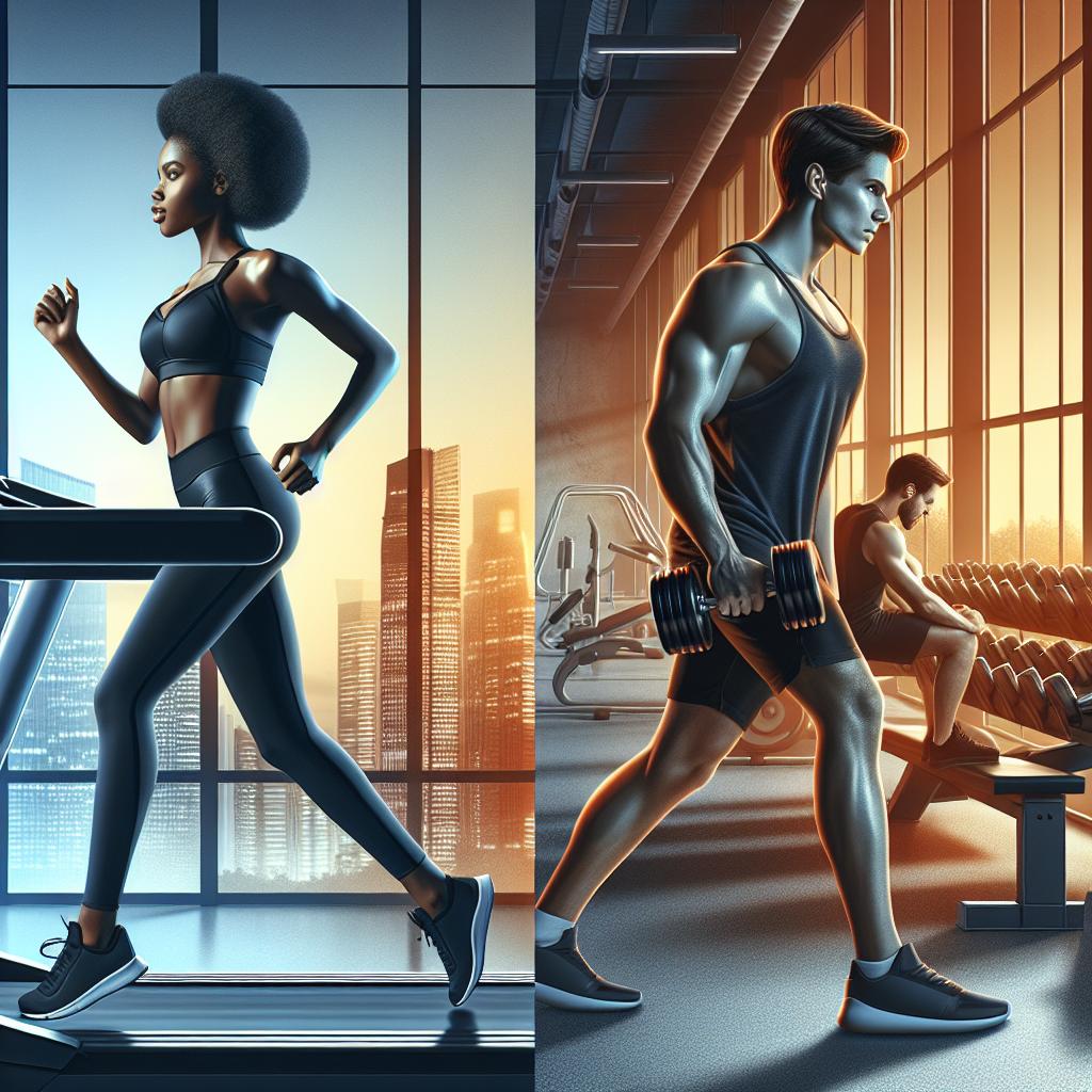 아침에 헬스장에서 런닝머신을 달리는 모습과 저녁에 덤벨운동을 하고 있는 남성의 모습