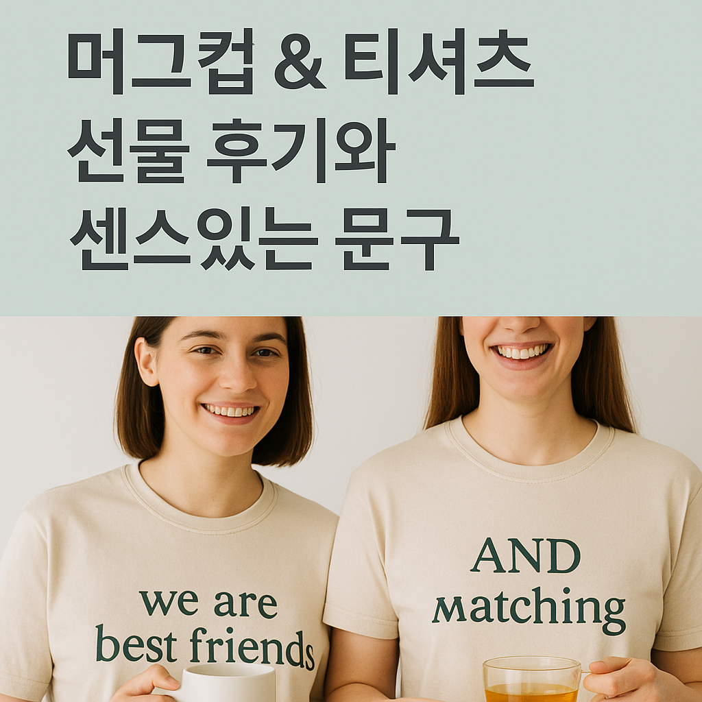 머그컵과 티셔츠 선물 후기와 센스있는 문구 – 두 친구가 베이지색 커플 티셔츠를 입고 머그컵을 들고 웃고 있는 감성 썸네일 ❘ Mug and T-shirt gift review with sentimental quotes – two best friends wearing matching beige shirts, smiling and holding mugs.