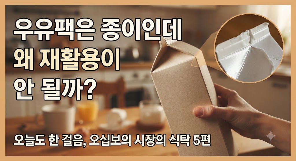 식탁 위에서 흔히 보는 우유팩을 손에 쥐고 있는 따뜻한 아침 풍경입니다. 손에 닿는 종이 질감과 반대되는 재활용의 현실을 직관적으로 보여줍니다.