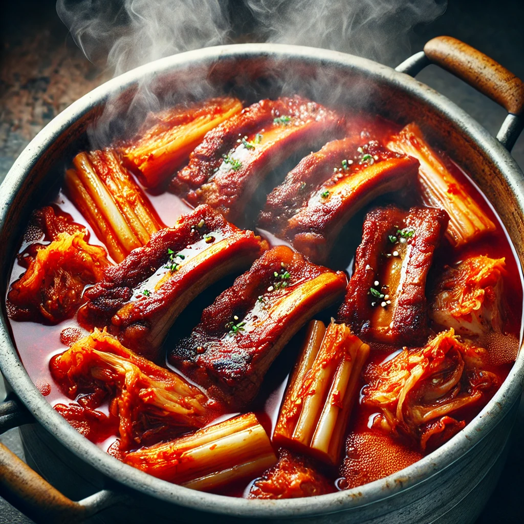냄비 안에서 매운 돼지갈비와 김치가 중불에서 끓으며 김이 피어오르는 모습.