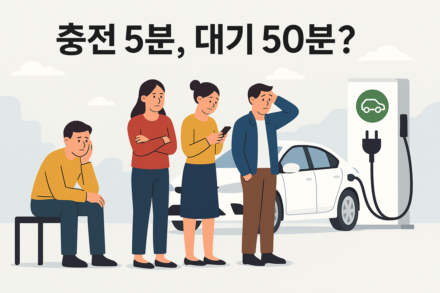 EV 충전소 앞에 사람들이 줄을 서서 기다리는 모습 이미지