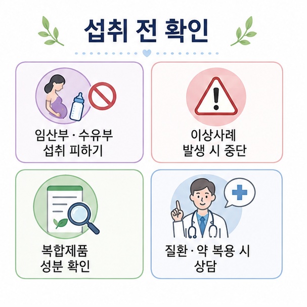 임산부와 수유부 섭취 주의, 이상사례 발생 시 중단, 복합제품 성분 확인, 의약품 복용 시 상담 사항을 정리한 그림