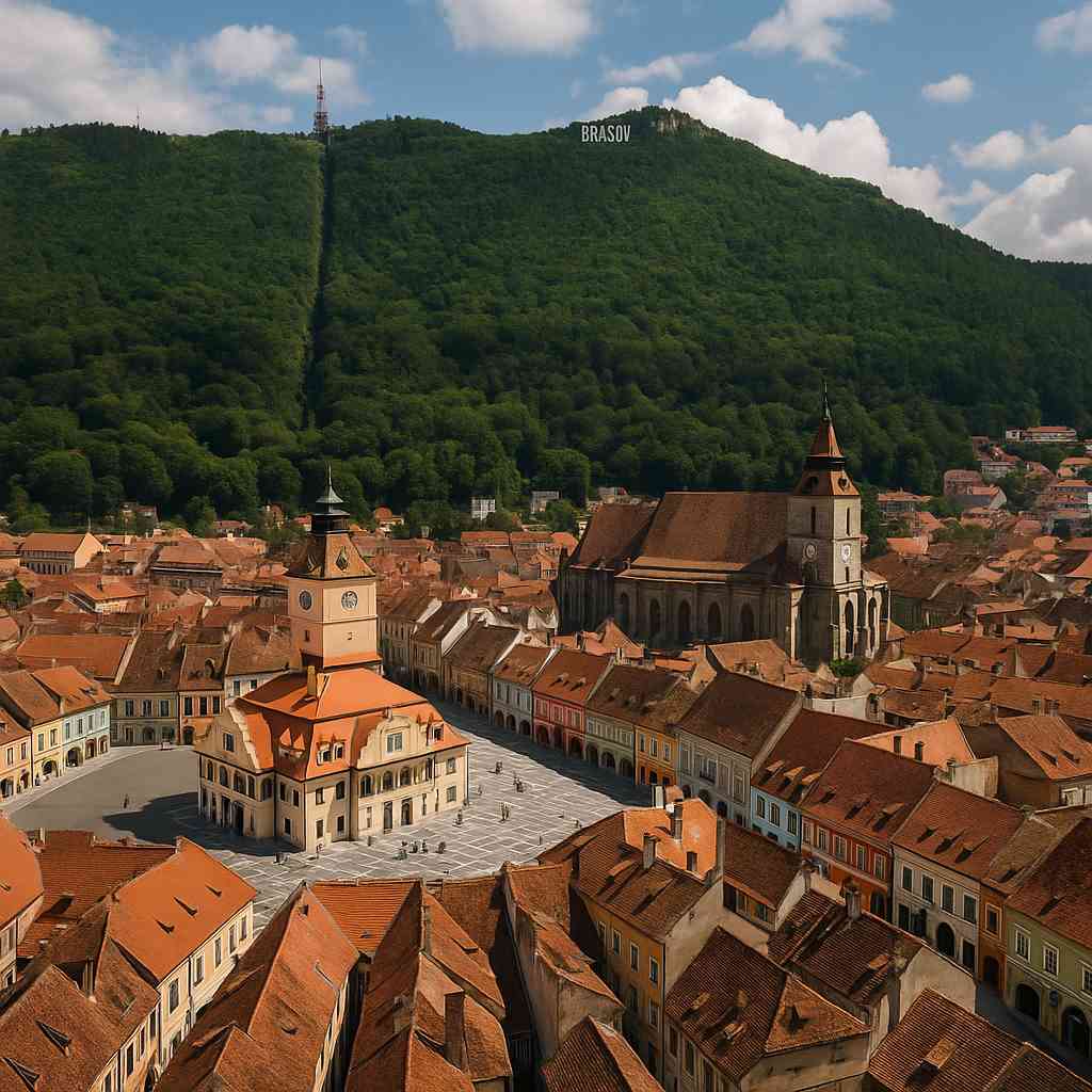 브라쇼브 구시가지 전경과 흑교회, 탐파 산의 푸른 숲 그리고 BRASOV 사인이 어우러진 파노라마 뷰