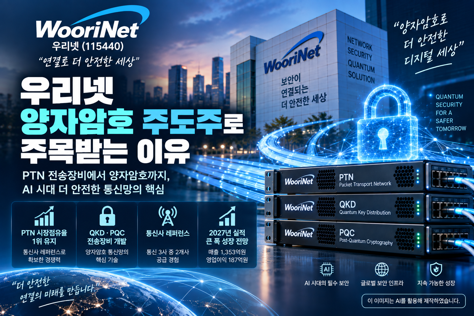 우리넷 PTN 전송장비와 QKD·PQC 양자암호 통신 기술 및 2027년 실적 전망을 다룬 기업분석
