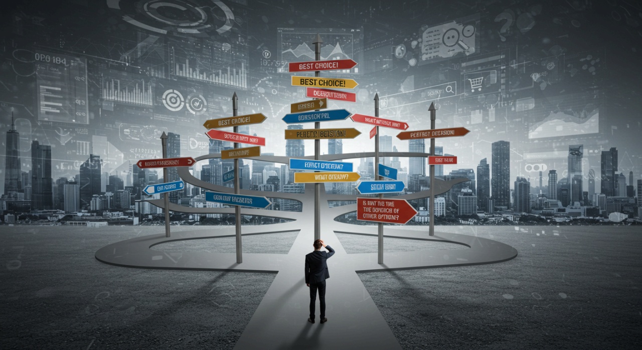 수많은 갈림길과 표지판 앞에서 망설이는 남자