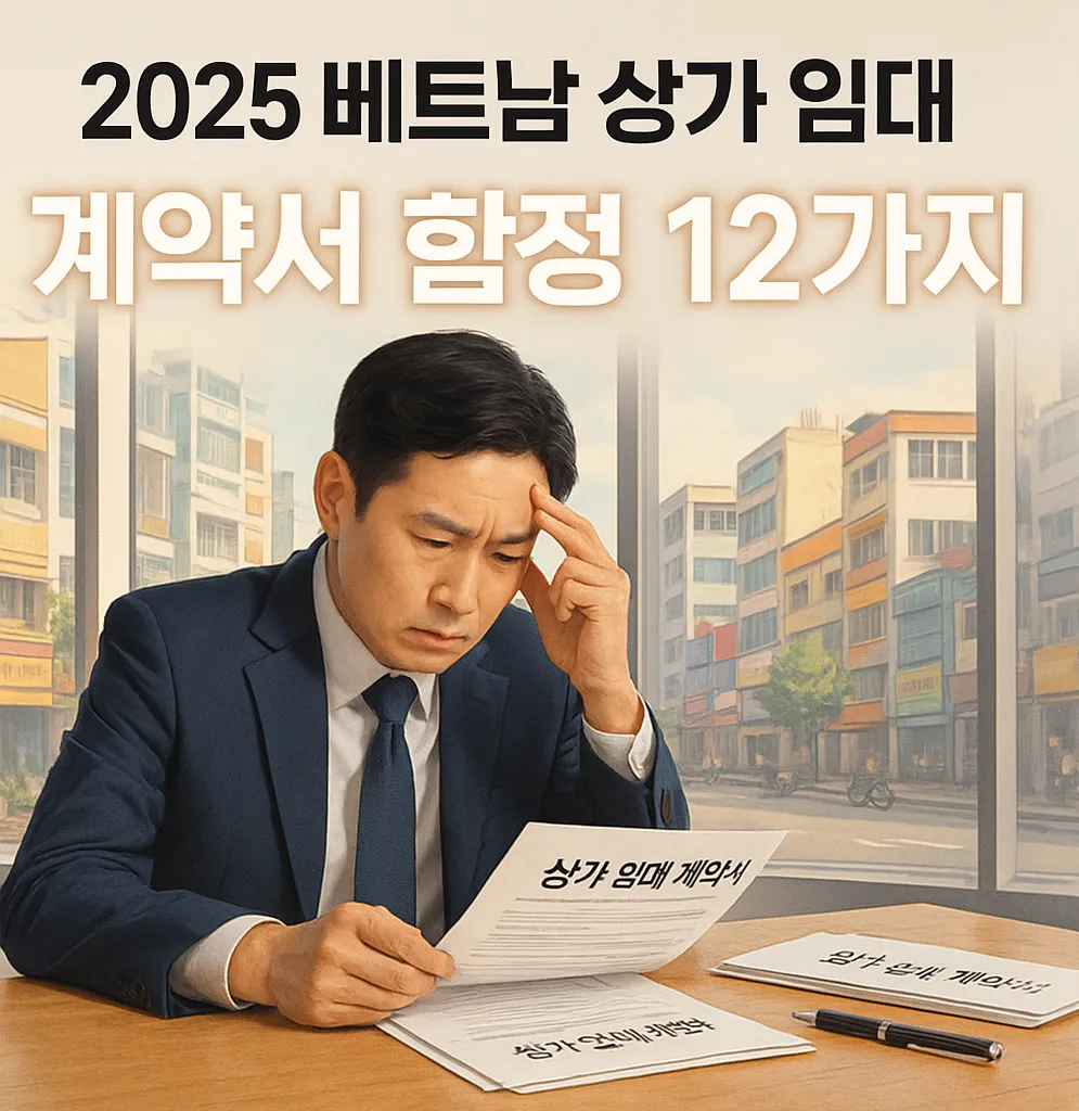2025 베트남 상가 임대 계약서 함정 12가지 — 상가 임대 계약서를 검토하며 위험요소를 점검하는 사업가