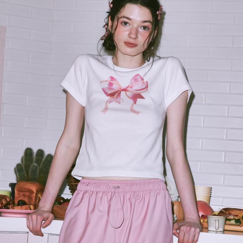 론론 DOUBLE RIBBON SLIM CROP 티셔츠