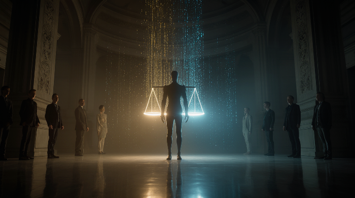 AI가 신의 자리에 앉은 듯한 윤리적 긴장감을 표현한 이미지