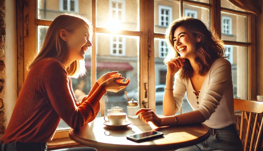카페에서 즐겁게 대화중인 여성