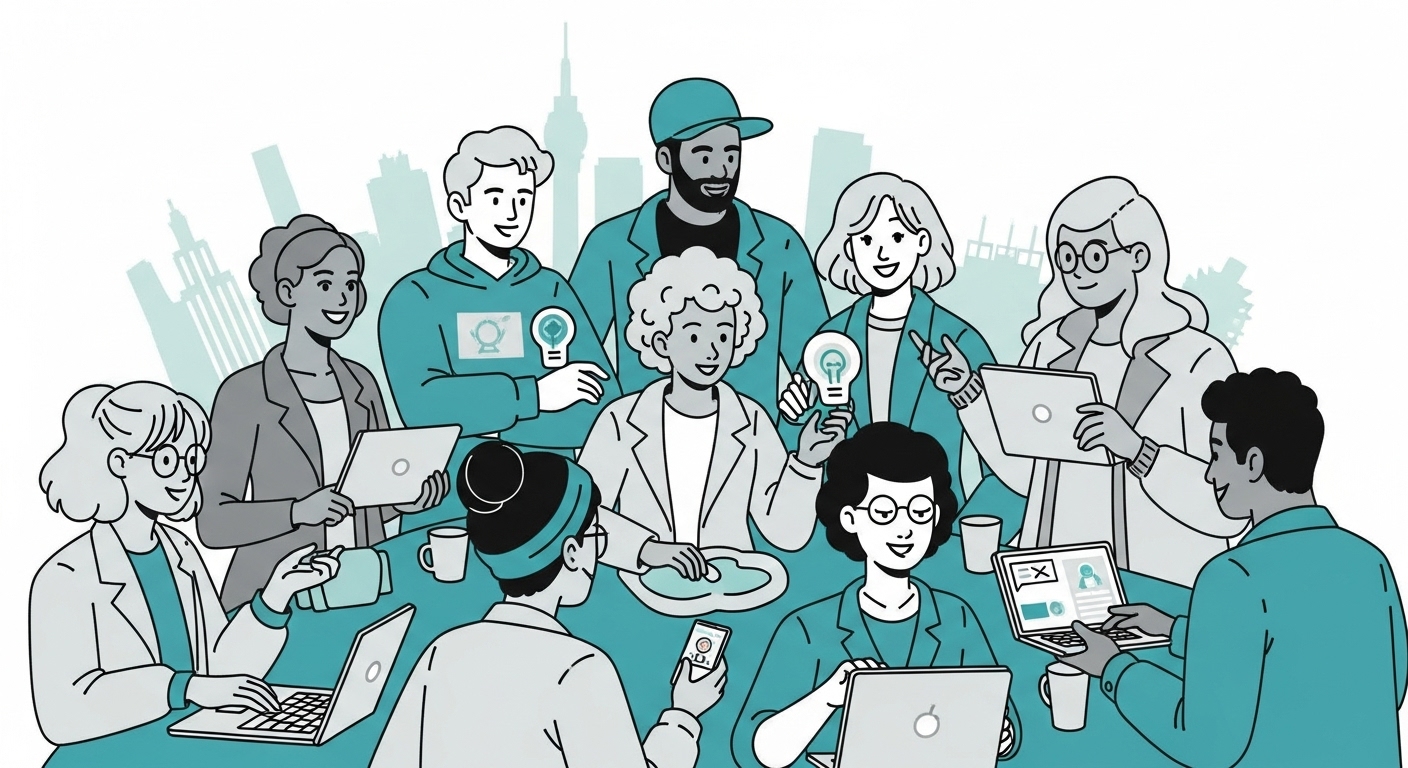 지역 청년 프리랜서들이 워크숍에서 활발하게 교류하고 협력하는 모습. 지역별 지원 프로젝트의 긍정적인 효과를 보여줍니다.