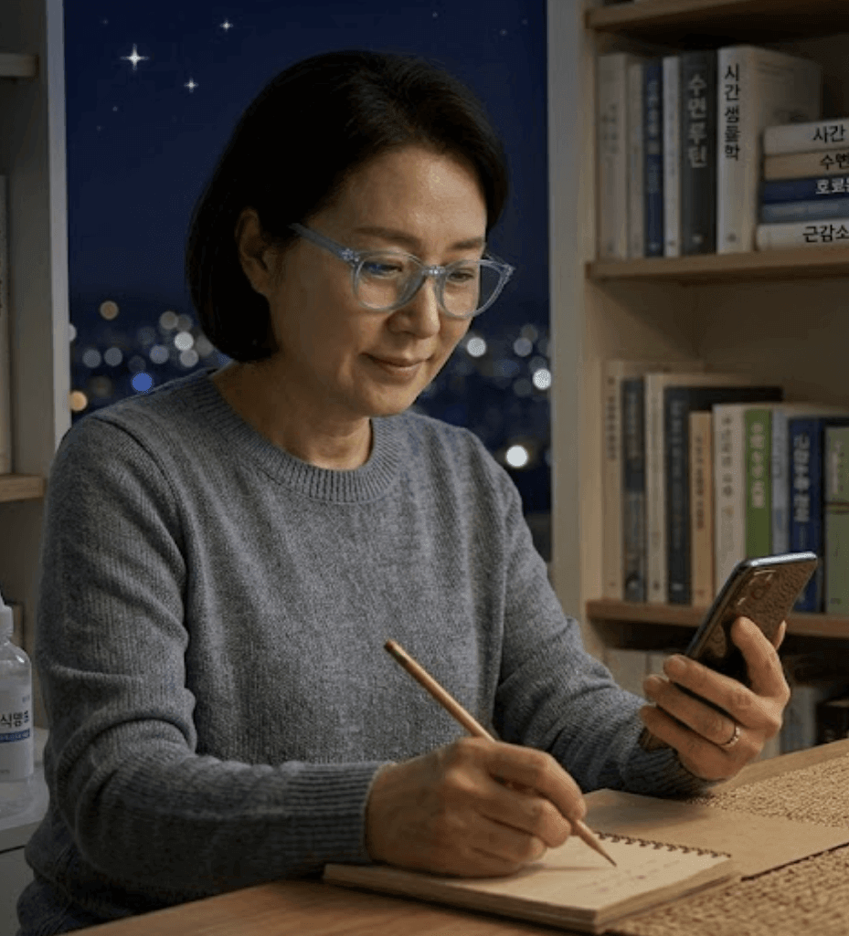 24시간 일주기 리듬에 맞춰 야간에 블루라이트 차단 안경 착용과 스마트폰 밝기를 최소화하여 빛 관리를 하는 중년 여성