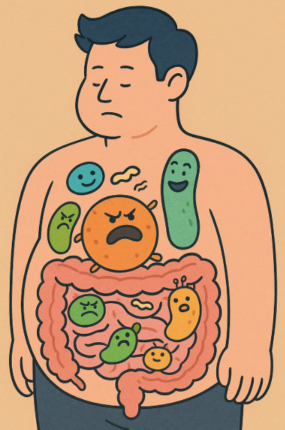 뚱보균과 날씬균의 비율 차이를 시각화한 인포그래픽 스타일 &ndash; 비만 체형과 정상 체형 인체 실루엣 안에 세균 구성이 비교되어 표현됨
