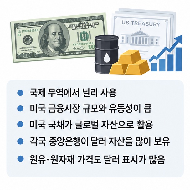 미국 달러가 국제무역 금융시장 미국 국채 외환보유 원자재 거래에서 널리 쓰이는 이유를 설명한 이미지