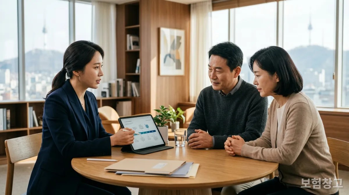 보험 설계사와 상담하는 중년 한국인 부부
