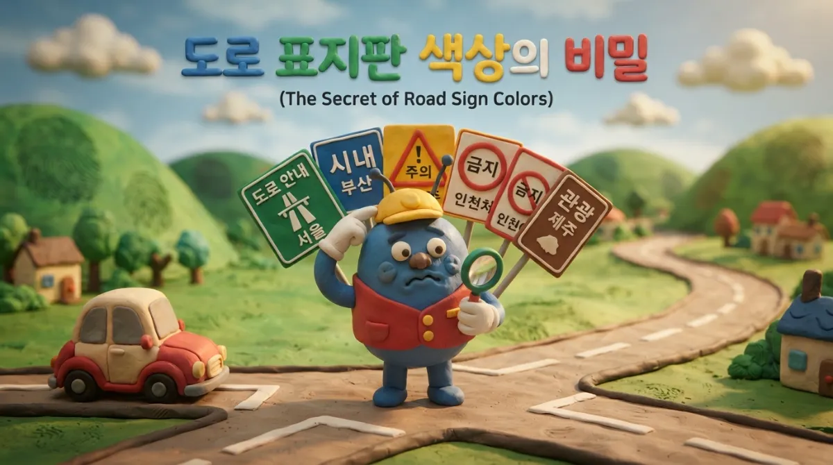 오색 도로 표지판을 펼친 채 호기심 어린 머리를 긁적이는 클레이 교통정리원과 워킹홀과 분홍색 자동차의 따뜻한 아드만 스톱모션 일러스트