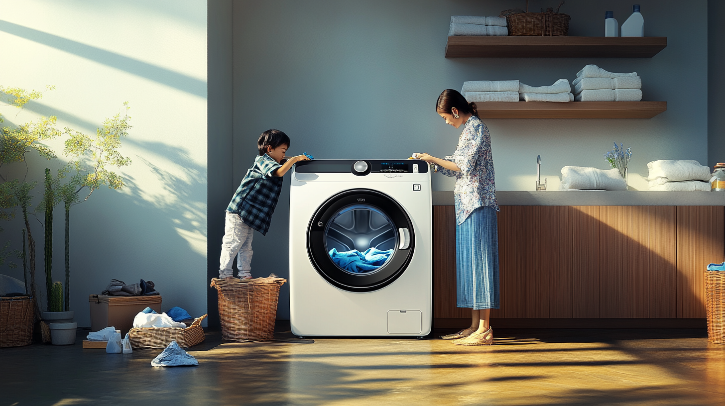 넓고 효율적인 세탁공간을 보여주는 삼성 BESPOKE AI 세탁기 및 건조기와 함께 빨래하는 가족 이미지.