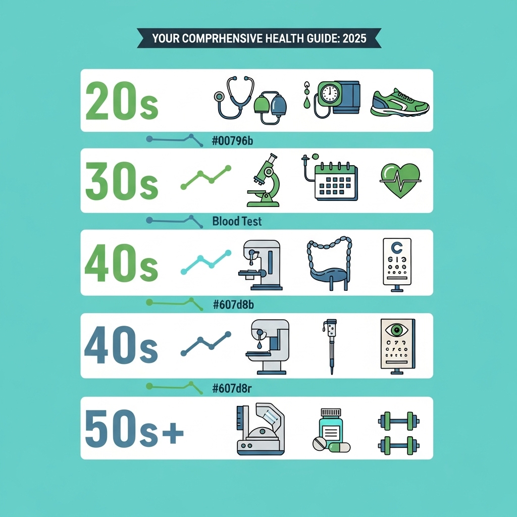 2025년 종합검진 필수항목을 나이대별로 안내하는 밝고 현대적인 인포그래픽