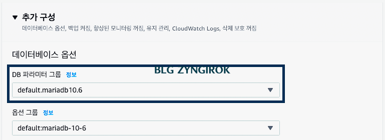 데이터베이스-옵션에서-파라미터-그룹이-기본으로-설정되어-있다.