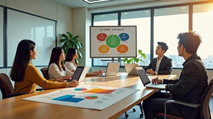 마케팅 팀이 CO-STAR 프레임워크를 화이트보드에 시각화하여 논의하는 회의실 장면