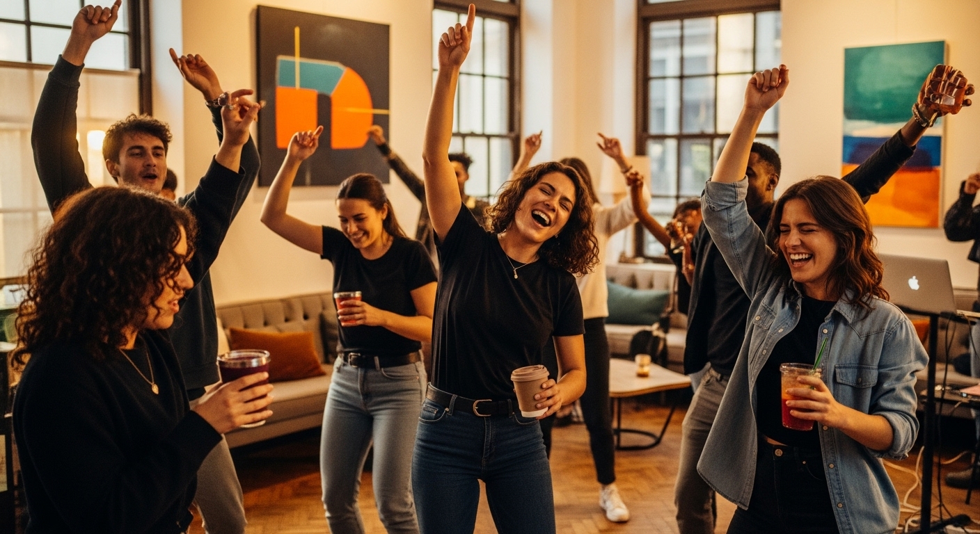 젊은이들이 커피를 마시며 활기차게 춤추는 서울모닝커피클럽의 '커피 레이브' 현장.