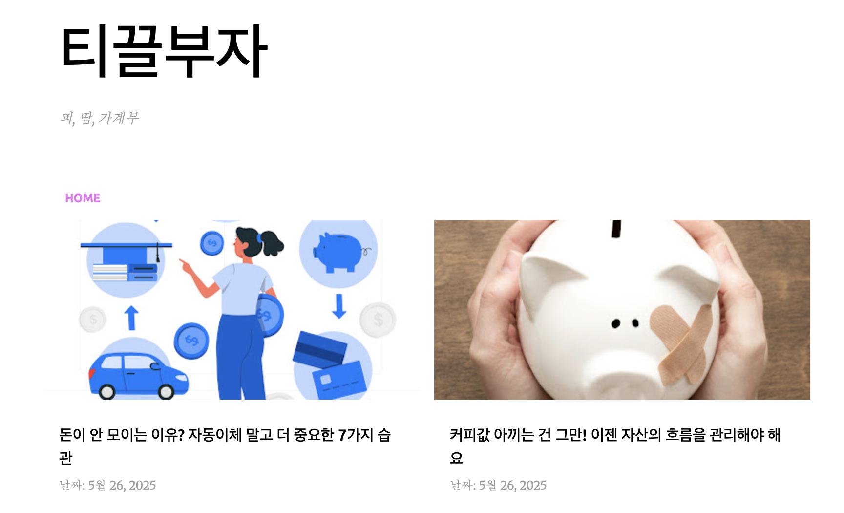 티끌부자 블로그 메인화면. 상단에 '피, 땀, 가계부'라는 부제와 함께, 두 개의 게시글이 나란히 보인다. 왼쪽 글은 자동이체보다 중요한 7가지 저축 습관에 대한 글로, 자동차, 카드, 저축 등 다양한 재정 아이콘이 있는 일러스트가 삽입되어 있다. 오른쪽 글은 커피값 절약보다 자산 흐름 관리의 중요성을 다룬 게시물로, 반창고가 붙은 돼지 저금통을 손에 들고 있는 사진이 첨부되어 있다.