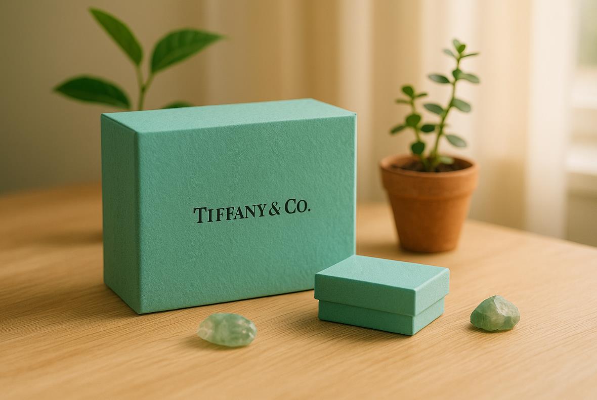 티파니 블루 박스가 화분과 원석과 함께 놓여 친환경 이미지를 강조한 모습