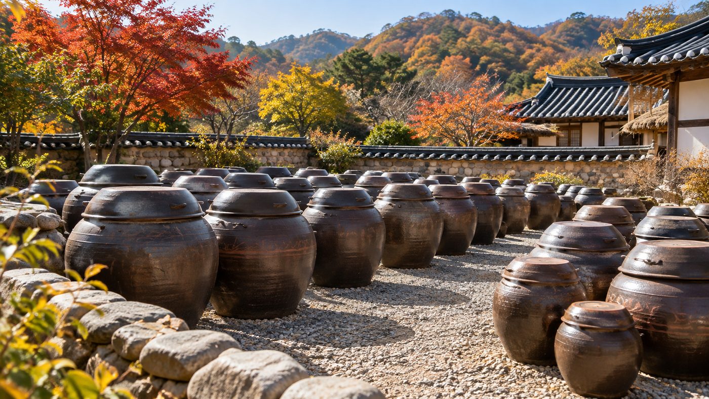 순창 고추장 마을을 떠올리게 하는 장독대와 가을 풍경