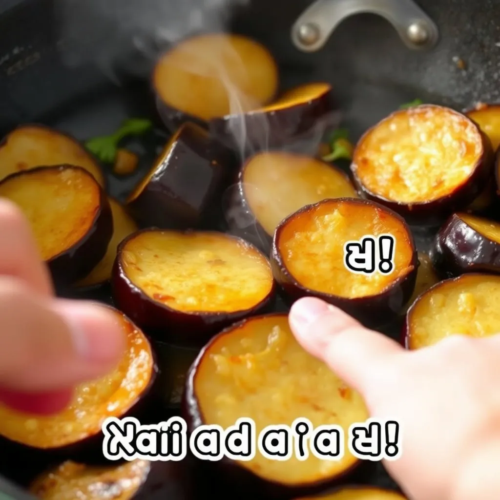 가지를 충분히 볶아서 물기가 생기지 않도록 하는 과정이나, 풋내를 없애는 비법을 암시하는 손동작 등을 표현합니다. 예를 들어, 가지가 팬에서 노릇하게 볶아진 클로즈업 샷 위에 텍스트로 '풋내 없는 가지 요리 비법!'과 같은 문구를 살짝 오버레이할 수 있습니다.