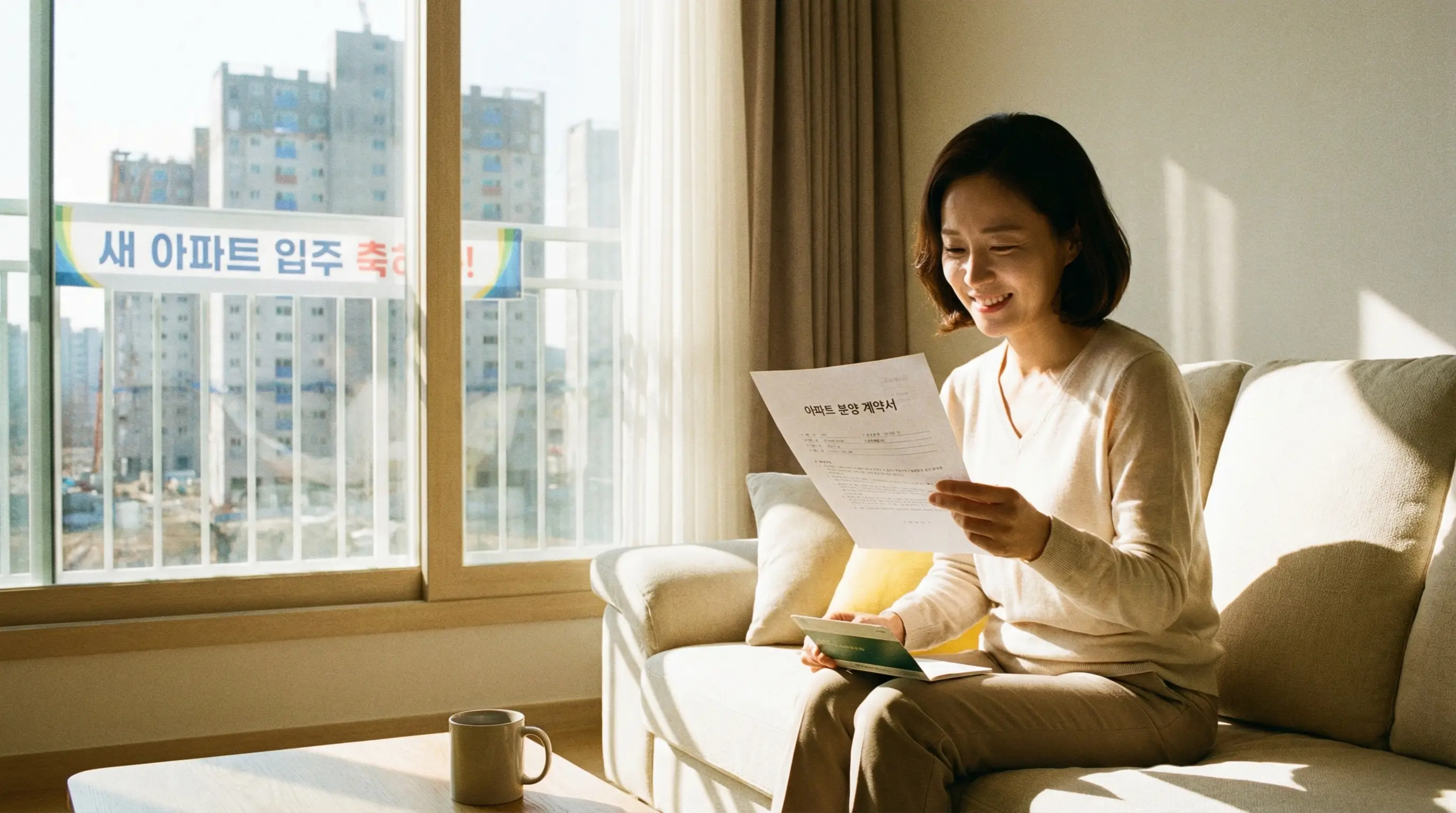 청약 담보 대출로 계약금을 무사히 납부하고 새 아파트 입주를 꿈꾸며 안도하는 당첨자의 모습