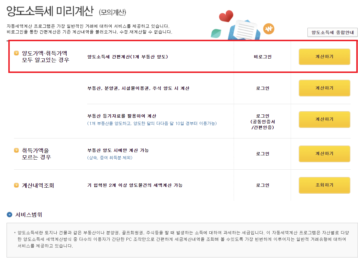양도소득세 국세청홈택스 미리계산(모의계산)