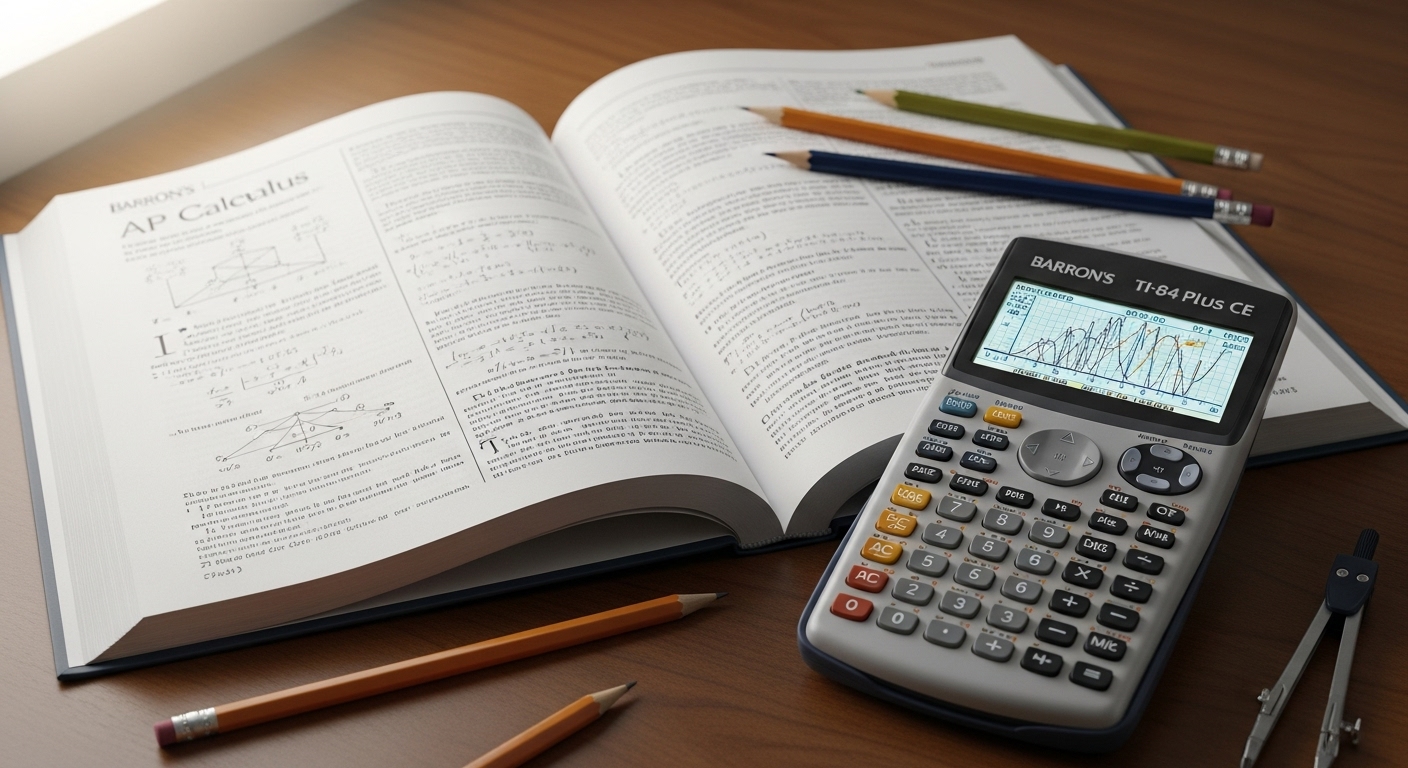 Barron's AP Calculus와 같은 유명 교재**가 펼쳐져 있고, 그 옆에는 공학용 또는 **그래프 계산기(TI-84 등)**가 놓여 있어 시험의 필수 준비물을 나타냅니다