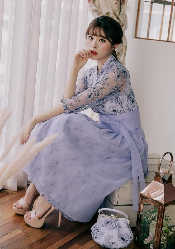 생활한복 레이스 철릭원피스 아리아 라벤더(반팔로 제작가능)