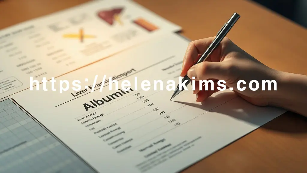 깔끔한 디자인의 건강검진표가 테이블 위에 펼쳐져 있고, 섬세한 손이 펜으로 '알부민 (Albumin)' 항목과 그 옆의 '정상 범위' 숫자를 정확히 짚어 가리키고 있다.
