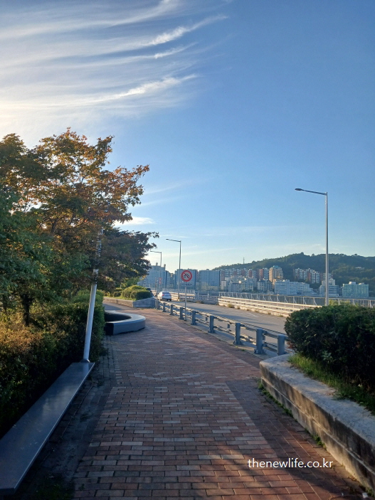 광진교 8번가 카페 외부 – 석양이 비치는 광진교 보행로