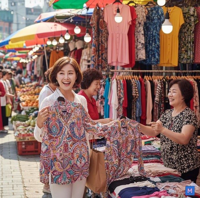 전통시장에서 디지털 온누리상품권으로 의류 쇼핑하는 여성들 - 상생페이백 사용처 실제 이용 모습 via Gemini
